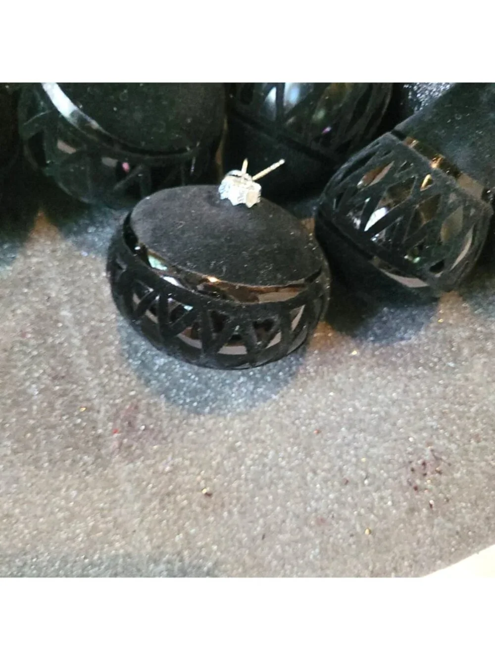 Ornaments Set 14 With Black Texture Velvet & Glitter Intricate Pattern Christmas